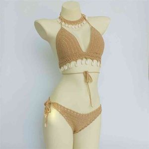 3 stks Bikini Set Woman Crochet Shell Tassel Top en Seashell Enkle Chain Sexy Thong Hollow-Out Low Taille Bottom 210621