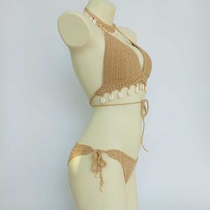3 stks Bikini Set Woman Crochet Shell Tassel Bikini Top en Seashell Enkle Chain Sexy Thong Hollow-Out Low Taille Bikini Bottom Y0820