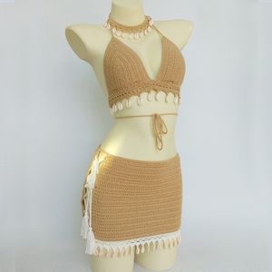 3 stks Bikini Set Woman Swim Wear Haak Shell Tassel Top en Seashell Enkle Chain Sexy Beach Lace See Through Slim Mini Rok