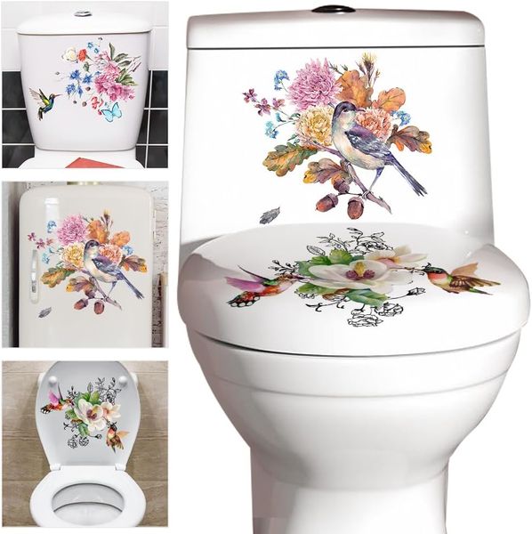 3 uds pegatinas de pared para asiento de inodoro de pájaros y flores autoadhesivas coloridas pegatinas para tapa de inodoro de hojas florales