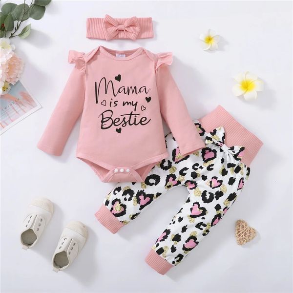 Conjunto de ropa diaria para niña nacida, mameluco de manga larga con estampado de mamá, pantalón con corazón de amor, diadema, traje de otoño encantador, 3 uds., 231228