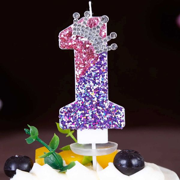 3pcs Bougies 1pcs Sparkling Digital Purple Candle princesse Couronne Gâteau sur le thème Candle Birthdle Birthdled Party Mariage Gâteau Cake Topper Decoration
