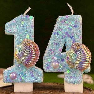 3pcs Bougies Blue Ocean Childrens Birdles d'anniversaire 0-9 Numéro Sirène Shell Bandones Bougies 1 an Cake Topper Decoration 2024