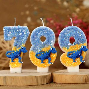 3-stks kaarsen cartoon dinosaurus verjaardag kaarsen voor cake blauw glitter cupcakes topper kinderen feestnummer 0-9 voorraden jongens voorstander van cadeaus