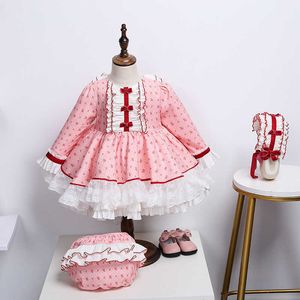 3pcs enfants manches longues floral espagne robes bébé filles année habiller robe de bal infantile rose jupe princesse espagnole 210615