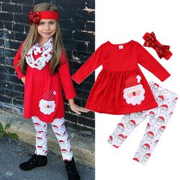 3 stks Kerst Peuter Kids Baby Meisjes Tops Jurk Mooie Santa Claus Print Vestidos Broek Hoofdband Outfits Set kleding