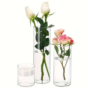 3 pièces en verre transparent en vrac, bougeoirs flottants cylindriques, Vases à fleurs de plantes en vrac pour centres de table, mariage et décoration de la maison