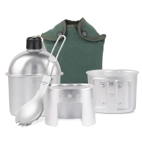 Juego de utensilios de cocina de 3 uds, taza de cantimplora militar de aluminio, estufa de leña con bolsa de cubierta para acampar, senderismo, mochilero 240306