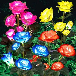 3pcs fleurs décoratives couronnes 5 têtes lumières solaires extérieures feux de jardin solaires décoratifs lampe à pelouse à fleurs roses pour la cour de jardin de jardin décor