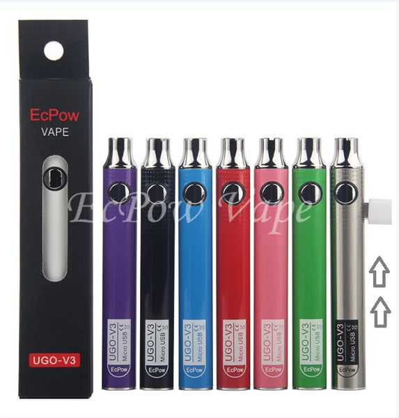 3pcs EcPow ugo vapes ugo-v3 vv préchauffer la batterie 14mm diamètre 3.3-4.0v sortie réglable volt e cig 510 stylo vaporisateur prix usine direct