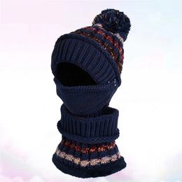 3 pièces mode cou Scraf masque ensemble Protection contre le froid plus chaud tricot chapeau housse de Protection pour bleu foncé 240226