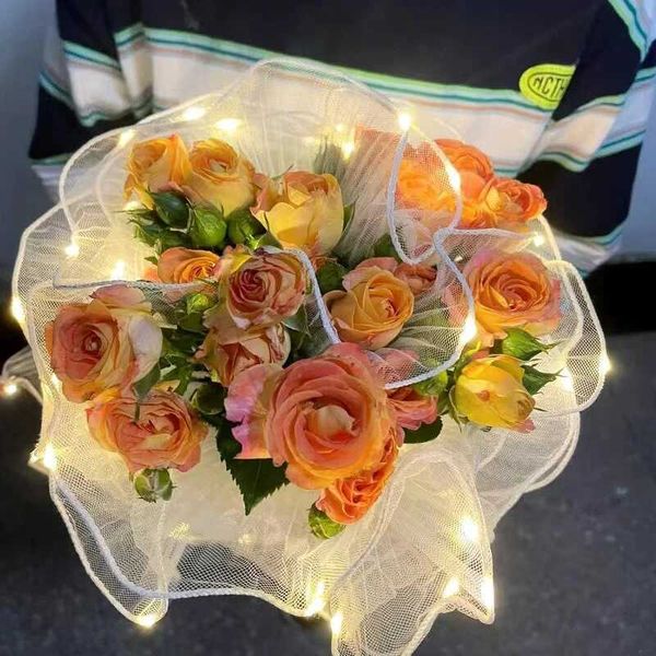 3pcs enveloppe cadeau LED Light Flower Emballage Mesh Yarn Diy Mariage fait à la main bouquet de fleur en papier fleuris
