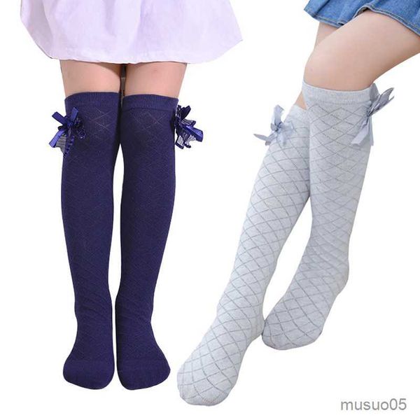 3 pièces filles genou haut nœud papillon Plaid pour enfants enfants casual élastique longues chaussettes hautes enfant en bas âge fille solide arc mode 3-12 ans