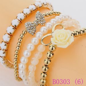 3pcs or couleur rose fleur infinity bowknot perles ensembles de bijoux femmes blanc perle simulée bracelet de perles bijoux b0303