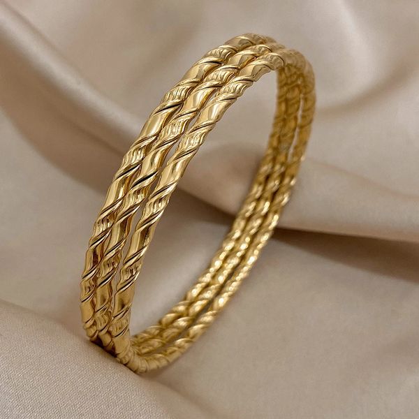 3pcs Gold Color Twist de acero inoxidable brazalete chic clásico tibetano brazalete buda brazalete dorado para mujeres 240428