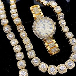 3 -stks Iced -horloges voor vrouwen gouden polshorloge Sliver Link Chain armband ketting choker bling sieraden voor vrouwelijke kwarts reloj