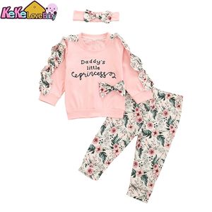 3 stks baby babymeisjes geboren herfst herfst ruches ruches katoen tops bloemen broek hoofdband kleding outfit set herfst 0-24m 220509