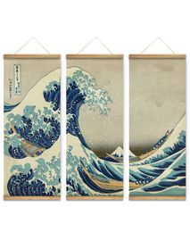 3 pièces Style japonais la grande vague de Kanagawa décoration mur Art photos suspendus toile en bois défilement peintures pour salon 7599571