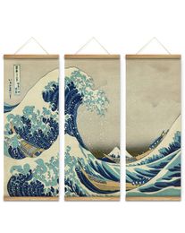 3pcs Japon Style La grande vague au large de la décoration de Kanagawa Pictures d'art mural suspendues peintures à rouleau en bois pour le salon9461885