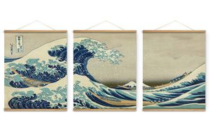 3pcs Japan Style The Great Wave Off Kanagawa Decoración Arte de pared Fotos de lienzo colgante Pinturas de desplazamiento de madera para sala de estar 83338077