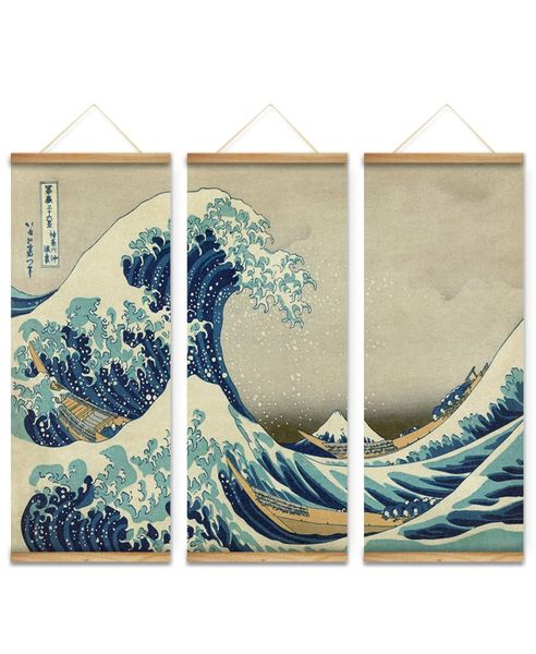 3 piezas estilo japonés La gran ola de Kanagawa decoración pared imágenes artísticas lienzo colgante pinturas en rollo de madera para sala de estar 7599571