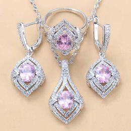 3 stks sieraden sets zo mooie roze zirkoon zoete bruiloft accessoires zilveren kleur oorbellen ketting en ring vrouwen sets H1022