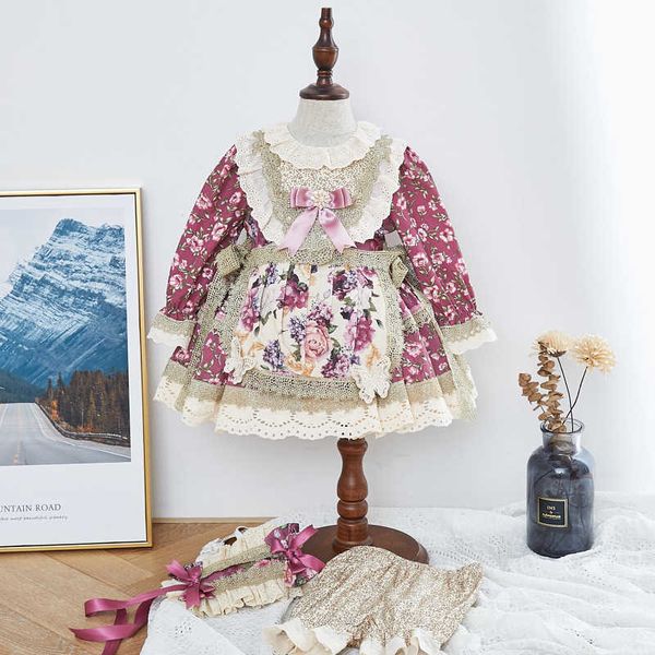 3 Pcs Enfants Floral Espagnol pour Filles Lolita Robes infantile Boutique Vêtements Enfants Espagne Coton Robes De Bal Bébé Baptême Robe 210615