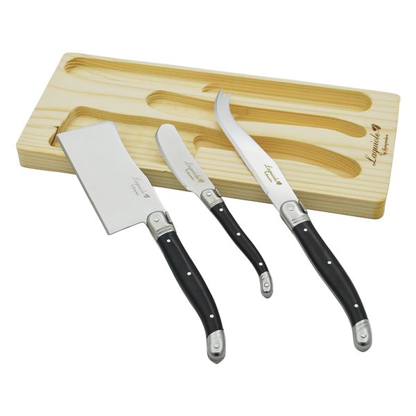 3pcs couteaux d'épandage de fromage laguiole Set Plastique noire Handle Butter Couteau à gâteau Coupe-pain dans la boîte en bois Couvoirs de restaurant