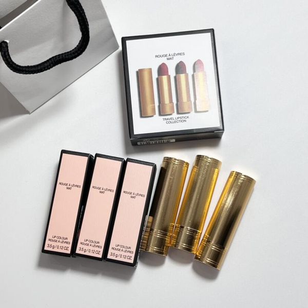 3pcs Maquillaje de labios Juego de lápices labiales mate Rouge A Palancas Estera Colección de lápiz labial de viaje Larga duración Brillo de labios a prueba de agua Satén Bálsamo labial Barra de color 3.5g * Kit de 3 piezas