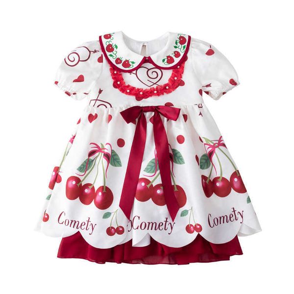 3PCS Lolita Girls Dress Kids Cherry Printed Dresses Baby Princess Infant Birthday Bautismo Vestidos de bola Niños Boutique Ropa 210615