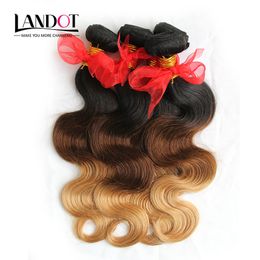 3 stks Lot 8-30inch Drie Toned Ombre Russische menselijke haarextensies Body Wave Golvend 1B-4-27 Zwart Bruin Blonde Ombre Virgin Hair Weave Bundels