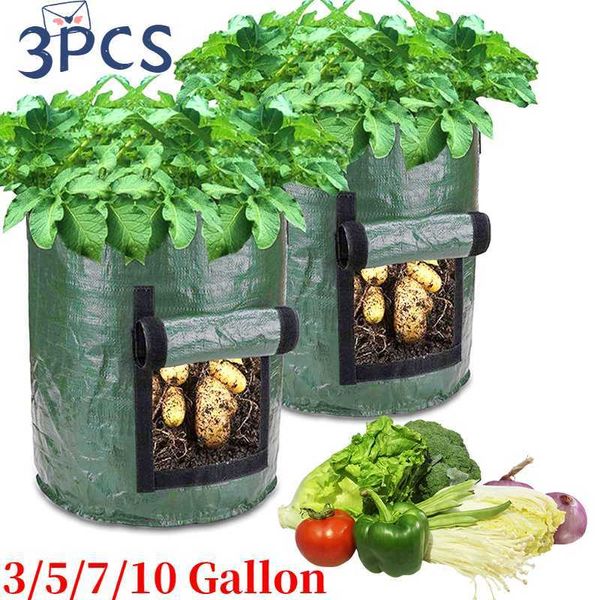3pcs / lot sac de culture de pommes de terre 3/5/7/10 gallons planteur de légumes pot de fleurs de tomate pour balcon PE conteneur de culture étanche 210615