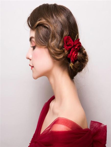 3pcs / lot rose Flower Hairpins Red Floral Trendy Hair Sticks Bridal Wedding Hairwear Ornaments Party Bobby Pins S9261486304