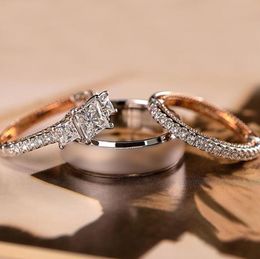 3PCS Luxe Sieraden 925 Sterling SilverRose Gold Fill Three Stone Princess White Topaz Dubbele Kleur Vrouwen Wedding Bridal Ring Set Gift