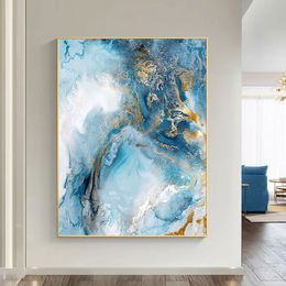 3 -stks luxe marmeren textuur canvas print blauw en goud.Natuurlijke stenen kleurmateriaalpatroon.Creatieve kunstschilderingen Home Decor