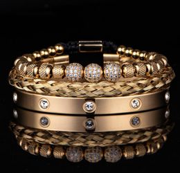 3 -stks luxe micro pave cz ronde kralen Royal Charm Men Link armbanden roestvrijstalen kristallen Bangenbanden paar handgemaakte sieraden cadeau8875912