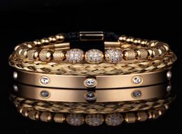 3 pièces de luxe Micro Pave CZ perles rondes charme Royal hommes lien Bracelets en acier inoxydable cristaux Bracelets Couple bijoux faits à la main cadeau 9741462