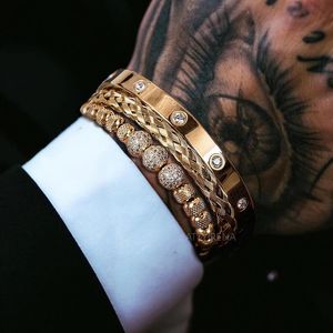 3 pièces de luxe Micro Pave CZ perles rondes charme Royal hommes Bracelets en acier inoxydable cristaux Bracelets Couple bijoux faits à la main cadeau 240227