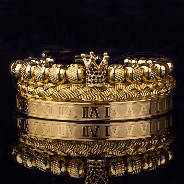 3 pièces luxe romain couronne royale Bracelet à breloques hommes en acier inoxydable géométrie Pulseiras hommes ouvert réglable Bracelets Couple bijoux