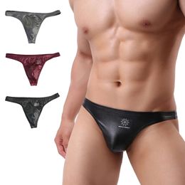 3pcs mannen Sexy Slips PU Kunstleer Ondergoed Lage Taille Wetlook T Terug Onderbroek Bugel Pouch Thongs U bolle Bikini