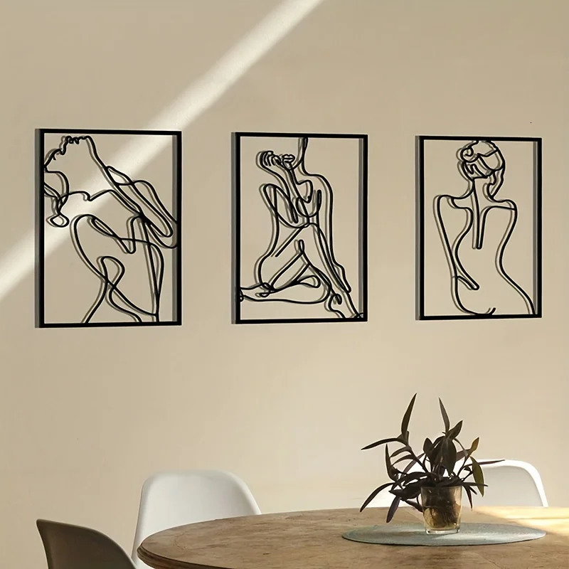 3 pezzi sculture da parete in metallo minimalista astratto donna arte della parete disegno a tratteggio decorazione di arte della parete linea singola appesa decorazione di arte della parete 240304