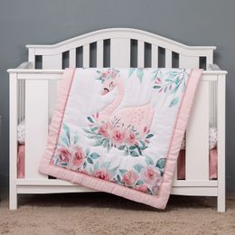 Juego de cama de cuna de bebé cepillado de microfibra, 3 uds., diseño de cisne y flores para niñas, incluye colcha, sábana para cuna, falda de cuna 240220