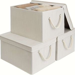 Boîte polyvalente 3 pièces, avec couvercle, poignées en corde souple, organisateur de vêtements, sous-vêtements, chaussettes, bac de rangement domestique, mélange de Beige, blanc ivoire