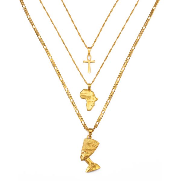 Collares juntos Ankh Nefertiti, colgante de mapa de África, Color dorado/plateado, fiesta de cumpleaños, joyería étnica de oro de 14k para mujer, 3 uds.