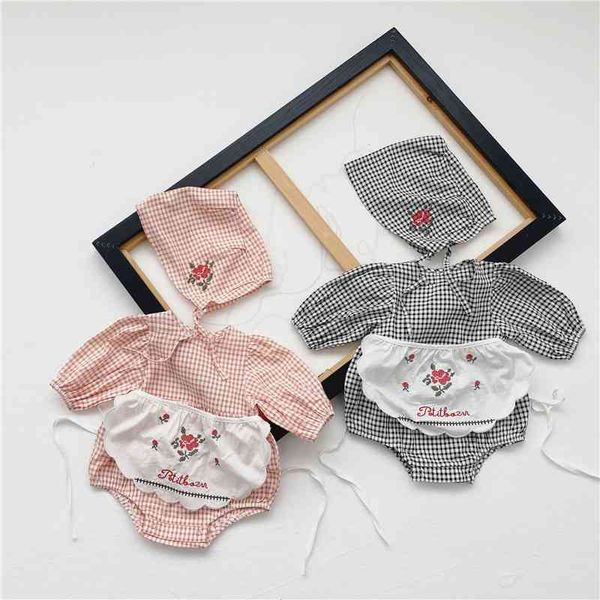 3pcs nouveau-né ensemble body à carreaux broderie fleur bavoir + chapeau bébé fille combinaison vêtements tenues 210413