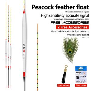 3pcs Peacock Feather Fishing Floats1 ganchos de bolsa1 asiento de boya carpa crucian flotante tapón vertical accesorios herramienta 240108