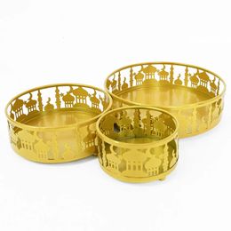 3pcs Ramadan Decor Gold Metal Food Trays Traine Ornement Eid Moubarak Islamic Muslim Festival Party Decoration Supplies Gift 240403