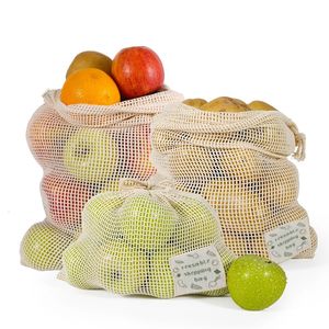 3 stks Herbruikbare Produce Zakken Biologisch Katoen Wasbare Mesh Zakken voor Boodschappen Fruit Groente Organizer Opbergtas 240125