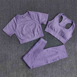 3 stks Naadloze Dames Sportkleding Yoga Set Workout Gym Kleding Fitness Korte Mouw Crop Top Hoge Taille Leggings Sports Suits 210802