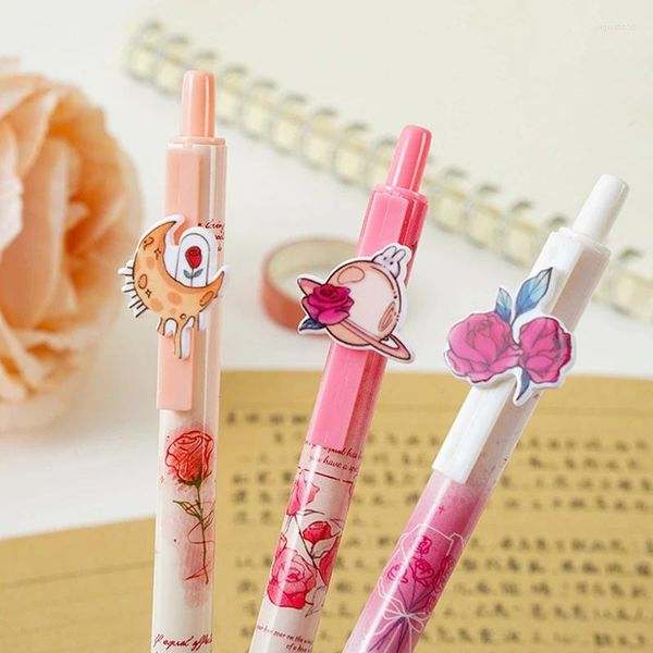 Stylos à Gel à fleurs roses, 3 pièces/ensemble 0.5mm, Kawaii, mignon stylo noir, outil d'écriture, fournitures scolaires et de bureau, papeterie coréenne avec Clip en métal